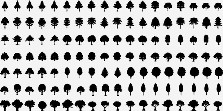 collection of black tree silhouettes arranged in a systematic grid on a white background