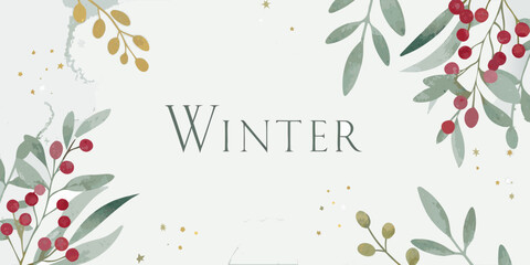 watercolor winter foliage and berries with gold accents on a pale background © Apurba