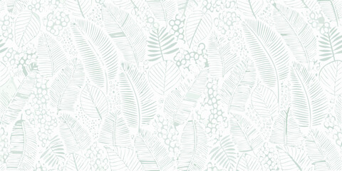 seamless tropical leaf and berry pattern in soft mint green on white background © Apurba