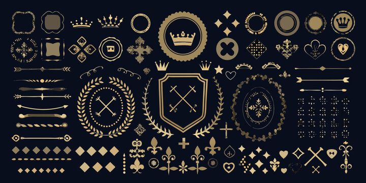 Collection of ornate gold emblems crowns shields and laurel wreaths on a dark background
