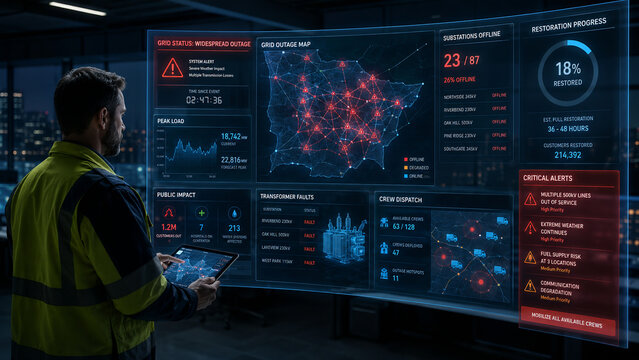 Engineer Monitoring Widespread Power Grid Outage on Advanced Digital Display in Control Room.