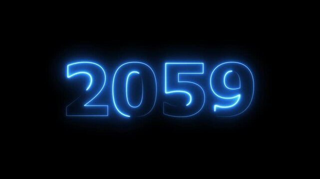 2059 Sal number neon text animation. Neon blue number new year background 4k video.