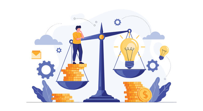Businessman balancing gold coins against a glowing lightbulb on scales represents the high value of creative business ideas.
