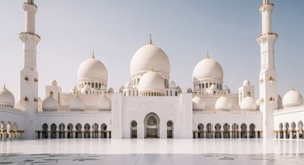 Obraz premium Sheikh Zayed Grand Mosque in Abu Dhabi UAE showcasing stunning Islamic architecture and serene atmosphere at daytime.