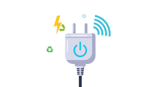 Smart energy power plug with wireless signal and recycle symbols representing sustainable and green technology for modern homes.