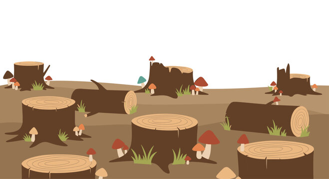 Environmental landscape showing a deforested area with multiple tree stumps and fallen logs in a barren field under white sky.