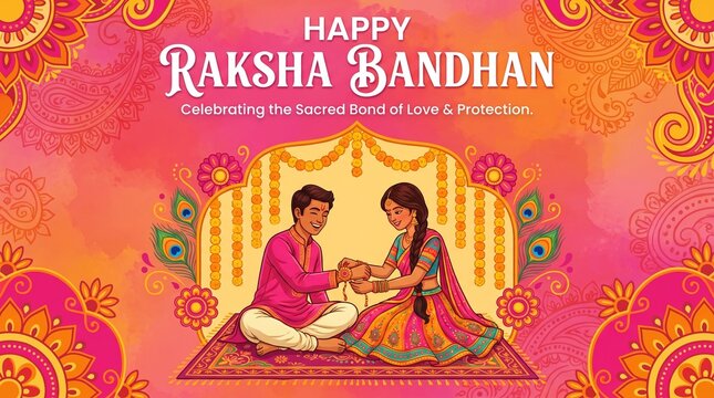 Happy raksha bandhan greeting card with indian siblings celebrating love and protection