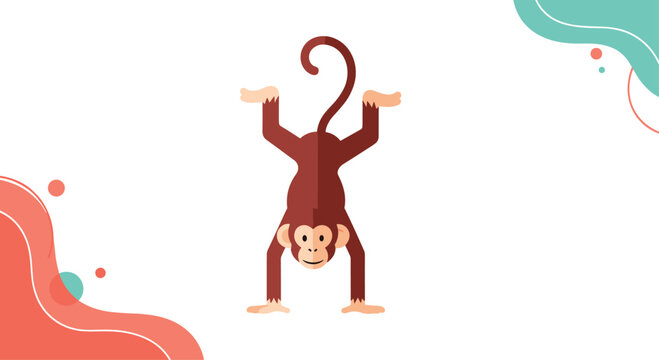 Playful brown monkey character doing a handstand on a white background with colorful abstract decorative waves in corners.
