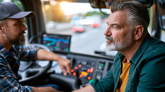 A veteran long-haul truck driver and his co-driver review a digital route planning app mounted in the cab, interstate highway stretching ahead, summer solstice afternoon sun blazing through the wind