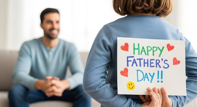 Child holding a handmade card with happy fathers day greeting behind their back for father