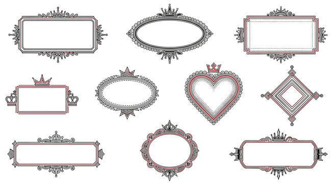 Collection of elegant vintage style frames and borders in various shapes including hearts and ovals with ornate crown details.