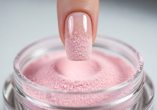 Hand dipping fingernail into pink powder for manicure in bright studio lighting. dip powder nails 