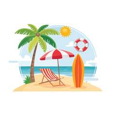 Obraz premium Summer Beach Scene with Palm Tree, Surfboard, and Deck Chair