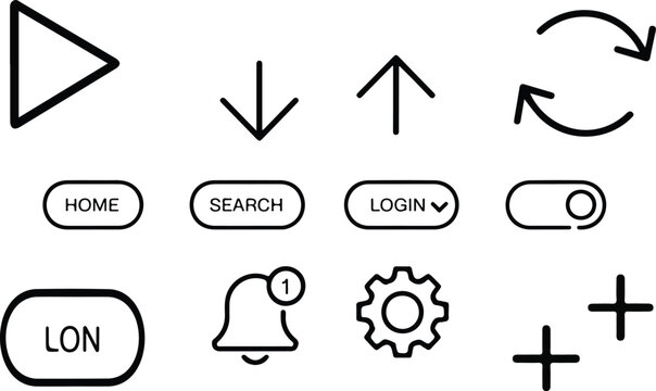 Clean flat interface icon collection of navigation and action buttons including search login play refresh and notification alerts arranged in structured grid
