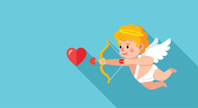 Cute cupid character with blonde hair and wings aiming a heart-tipped arrow at a large red heart.