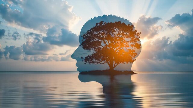 Conceptual animation of a double exposure silhouette of a human head with a growing tree inside, floating on a calm ocean at sunset
