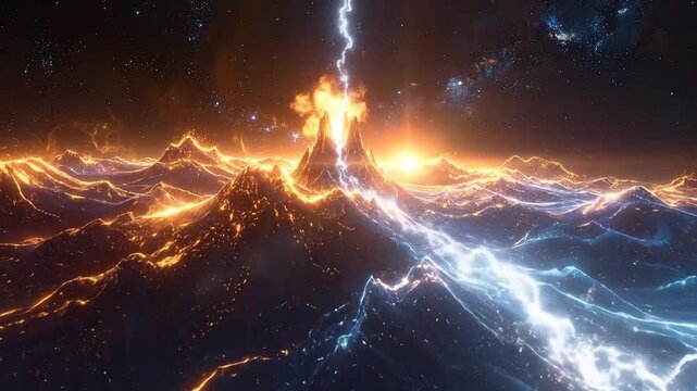 Abstract illustration of a glowing landscape with celestial and cosmic elements