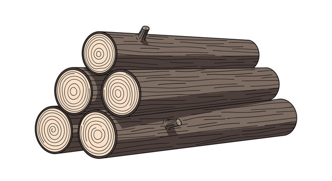 Pyramid stack of brown wooden logs with visible rings on their cut ends and rough textured bark.