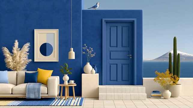 Modern blue interior design with coastal mountain view elegant furniture and minimalist d&eacute;cor home styling aesthetic.