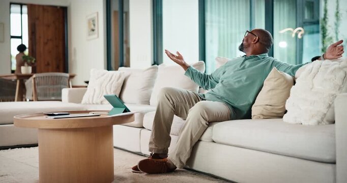 Home, goodbye and couple waving for holiday, leisure or weekend plans in living room. Relax, sofa and black man greeting and woman leaving front door for separate hobby, travel or break in lounge