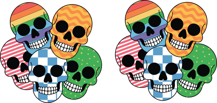 Colorful skull pattern set with six decorative clusters of stylized bones arranged symmetrically on white background in playful vector illustration design