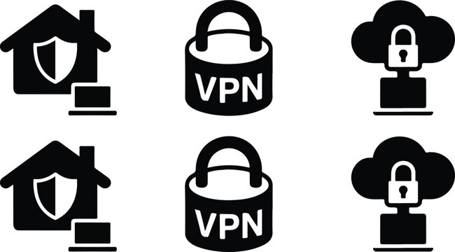 Minimal black and white security and privacy icon set of six symbols arranged in grid layout featuring VPN cloud lock and shield protection

Title 2 (22 words):