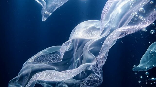 Elegant translucent white fabric with embroidery patterns floating underwater with bubbles
