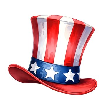 Watercolor illustration of a patriotic uncle sam top hat with red and white stripes and a blue band with white stars, isolated on white background