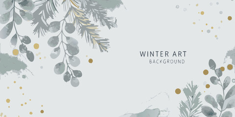 watercolor eucalyptus branches and pine needles with golden dots on a white background © Lalin