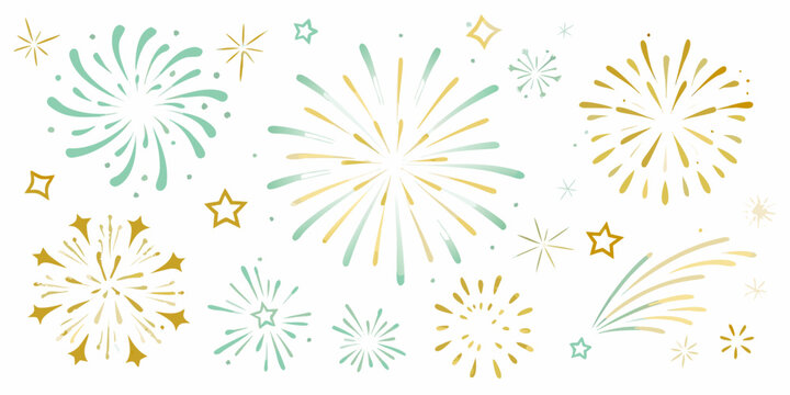 watercolor fireworks pattern with teal and gold stars on a white background