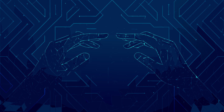 Wireframe hands reaching towards each other polygonal design on dark blue background