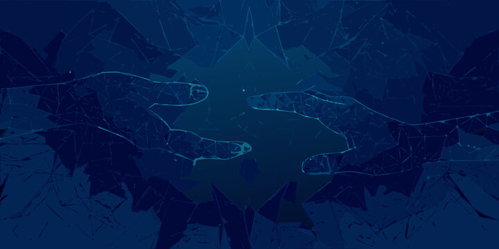 Wireframe hands reaching towards each other abstract polygonal digital illustration