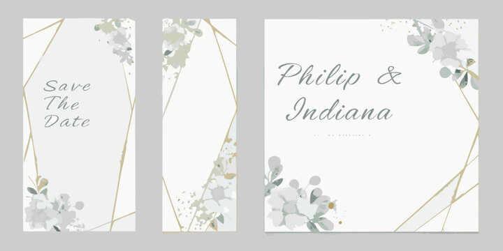watercolor floral frames with gold foil accents triptych card design set