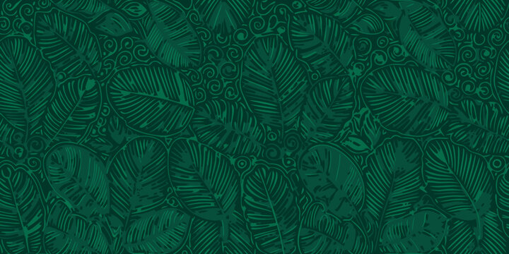seamless dark green tropical foliage pattern with monstera and palm leaves
