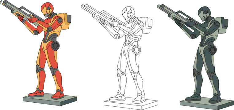 Minimal digital robot character set featuring three variants in uniform aiming stance arranged across structured grid composition with futuristic weapon pose illustration