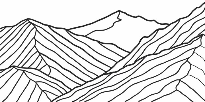 mountain range illustration with cross hatching and diagonal line work on white background