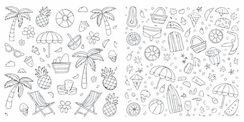Fototapeta premium hand drawn summer doodle set with tropical fruits beach accessories and floral elements