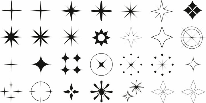 collection of starburst icons and geometric orbital symbols on a white background