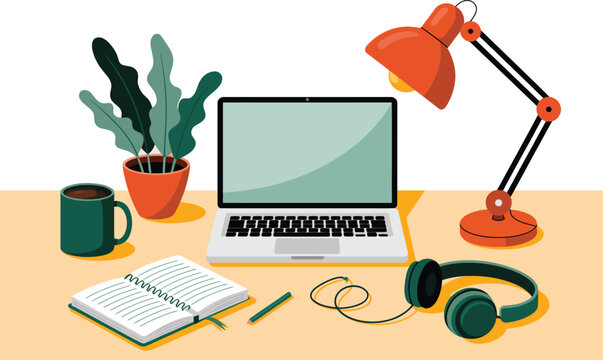 Desk setup for remote work or study with a laptop headphones notebook mug desk lamp potted plant home office online learning flat design computer headphones notebook education business