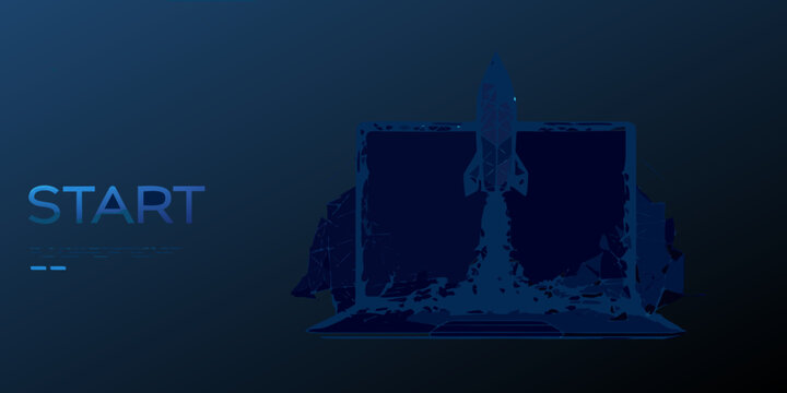 Blue wireframe rocket launching from a polygonal platform with start button text