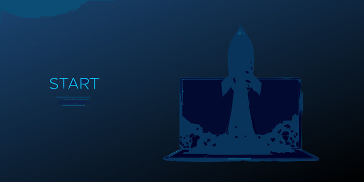 Blue wireframe rocket launching from a laptop screen digital startup concept