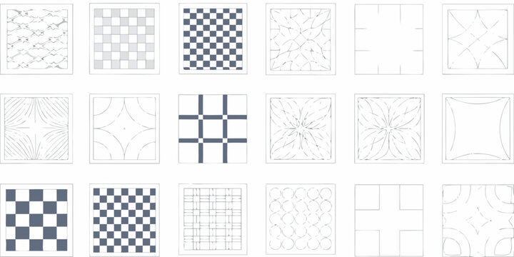 collection of ten abstract geometric patterns with warped checkerboard and linear designs on a white background