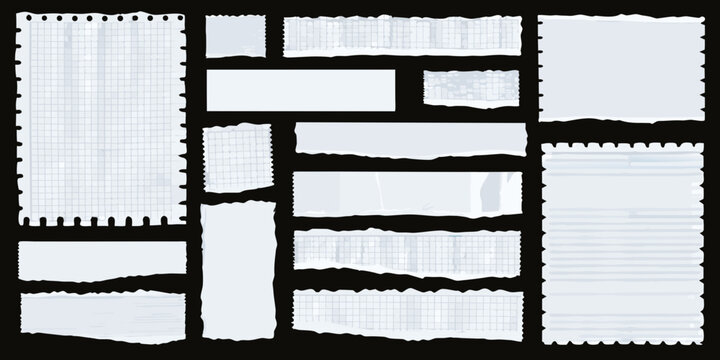 torn notebook paper fragments collage white paper with grid and blank pieces