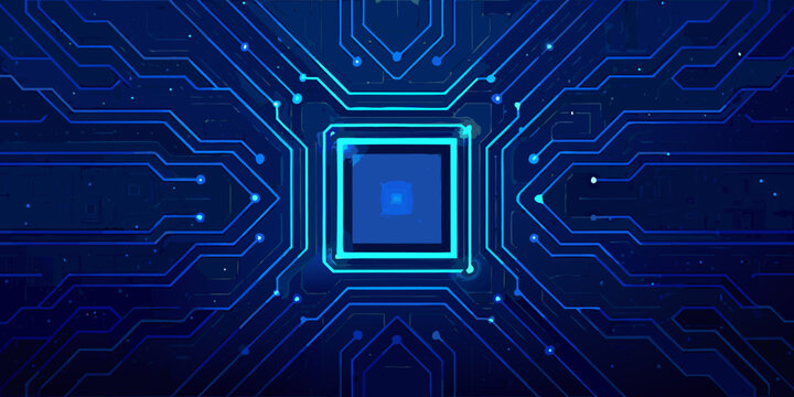Abstract circuit board pattern with glowing central microchip blue neon style
