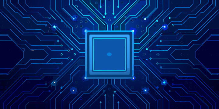 Blue microchip with circuit board pattern glowing central processor on dark background