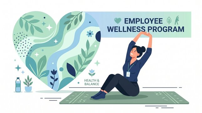 This flat vector illustration shot shows a happy female employee stretching on a yoga mat to promote a healthy corporate office employee wellness program concept