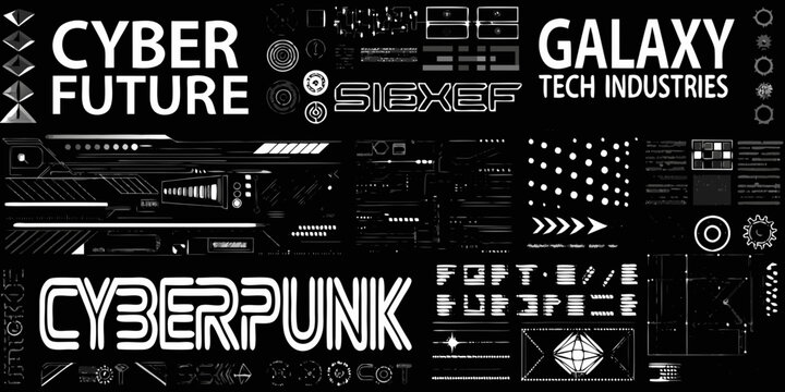 cyberpunk and futuristic graphic elements collection in black and white style