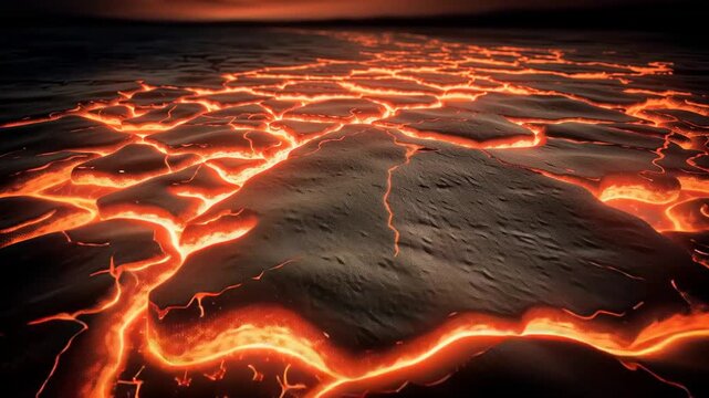 Cracked volcanic earth with glowing hot lava seeping through the fissures. Dramatic hellish landscape representing heat, danger, and geology