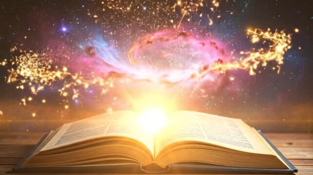 An open book with bright light and a colorful cosmic background scene