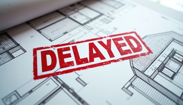 Red stamp on architectural blueprint shows DELAYED. Construction plans for house and building project are marked with a stop sign. Real estate development setback.